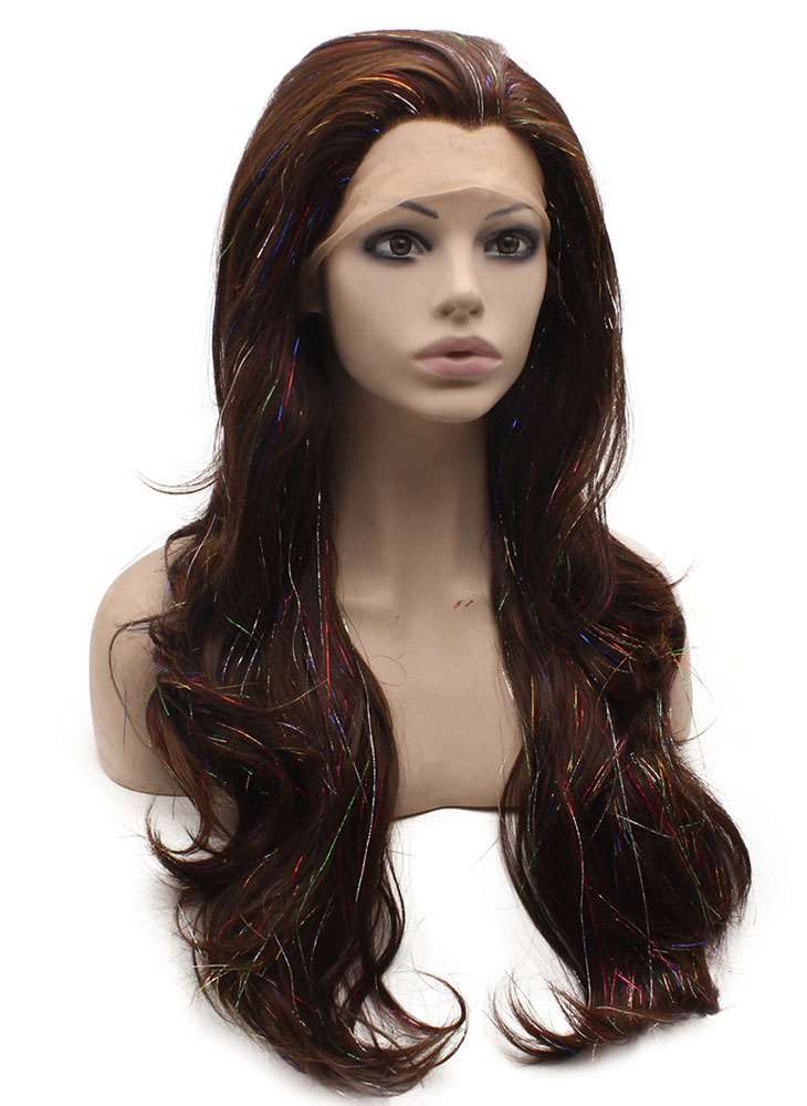 Long Wavy Synthetic Lace Front Dark Brown Tinsel Wig