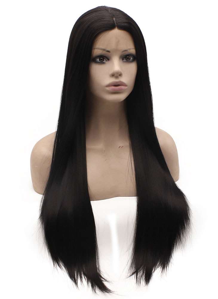 28inch Long Straight Black Middle Parting Lace Front Synthetic Wig