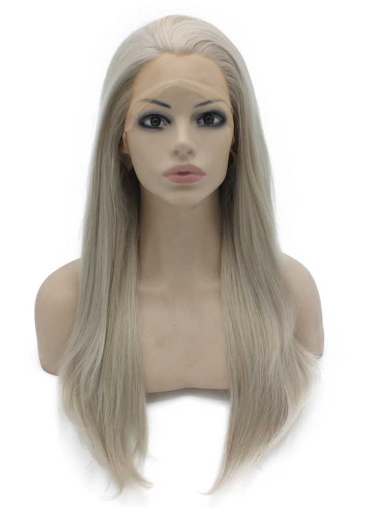 Long Straight Gray Blonde Natural Synthetic Lace Front Wig