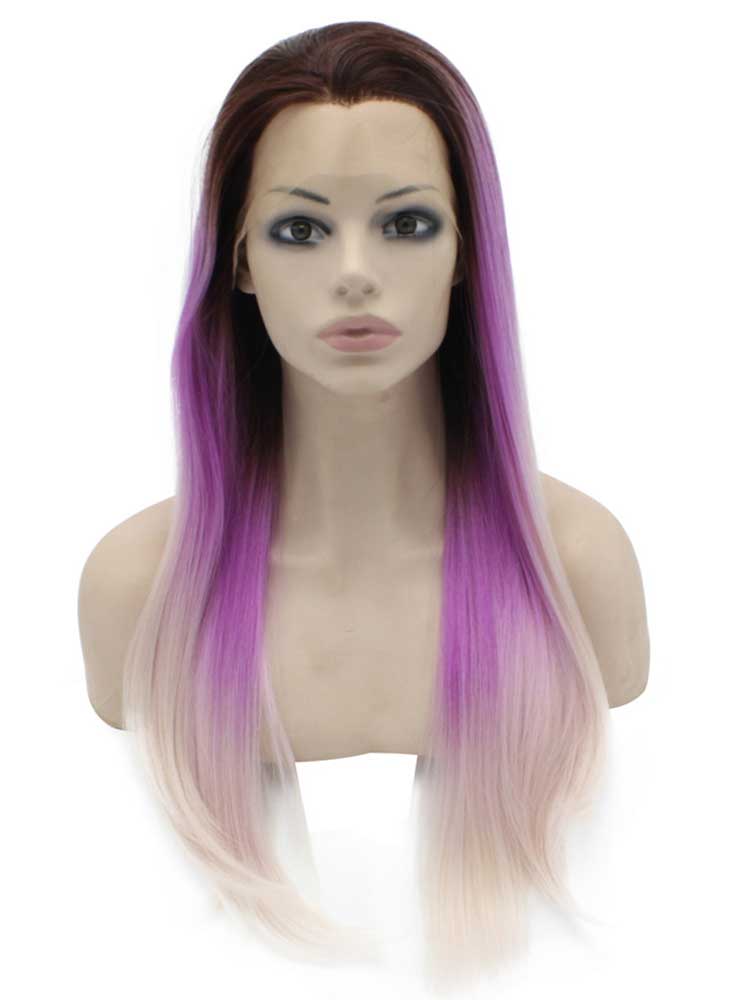 Long Straight Ombre purple Blonde Two Tone Lace Front Wig