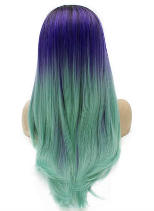 Long Straight Ombre Violet Purple Blue Two Tone Lace Front Wig