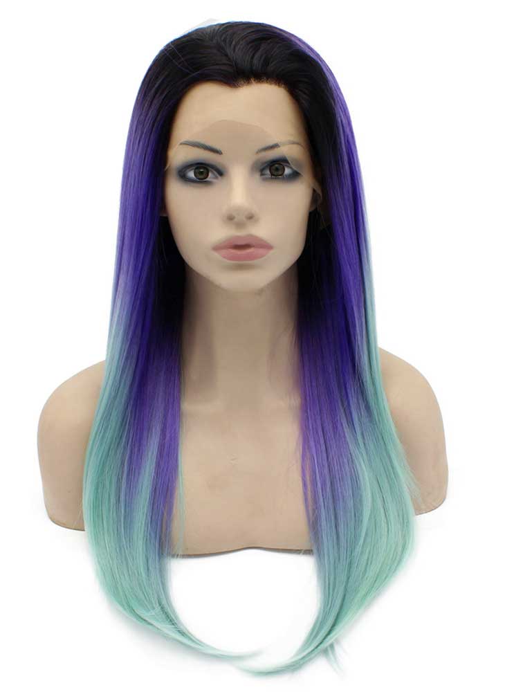 Long Straight Ombre Violet Purple Blue Two Tone Lace Front Wig