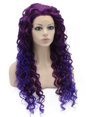 Long Curly Two Tone Purple Synthetic Lace Front Cosplay Party Wig