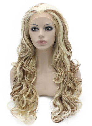 Long Wavy Blonde Auburn Mix Two Tone Synthetic Lace Front Wig Natural