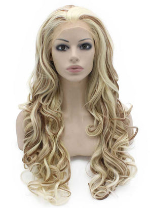 Long Wavy Blonde Auburn Mix Two Tone Synthetic Lace Front Wig Natural