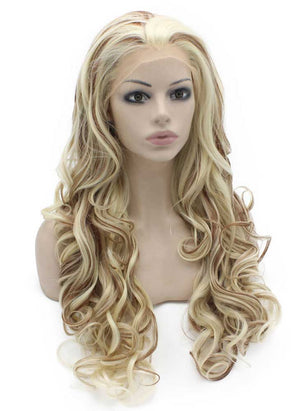 Long Wavy Blonde Auburn Mix Two Tone Synthetic Lace Front Wig Natural