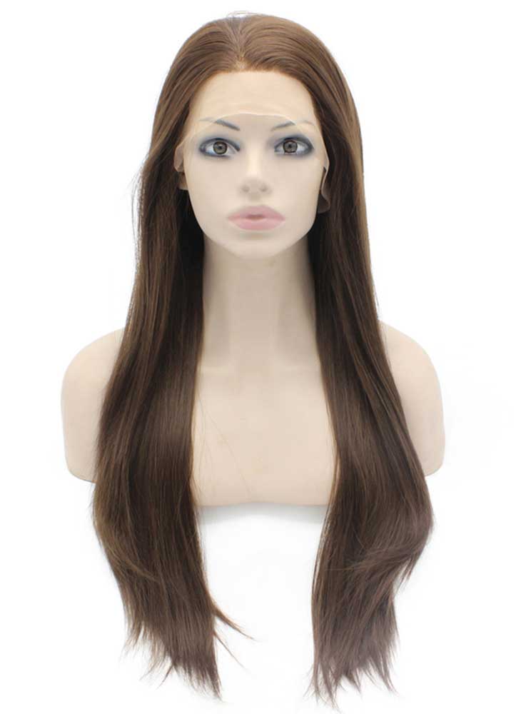 Long Straight Brown Mix Natural Synthetic Lace Front Wig