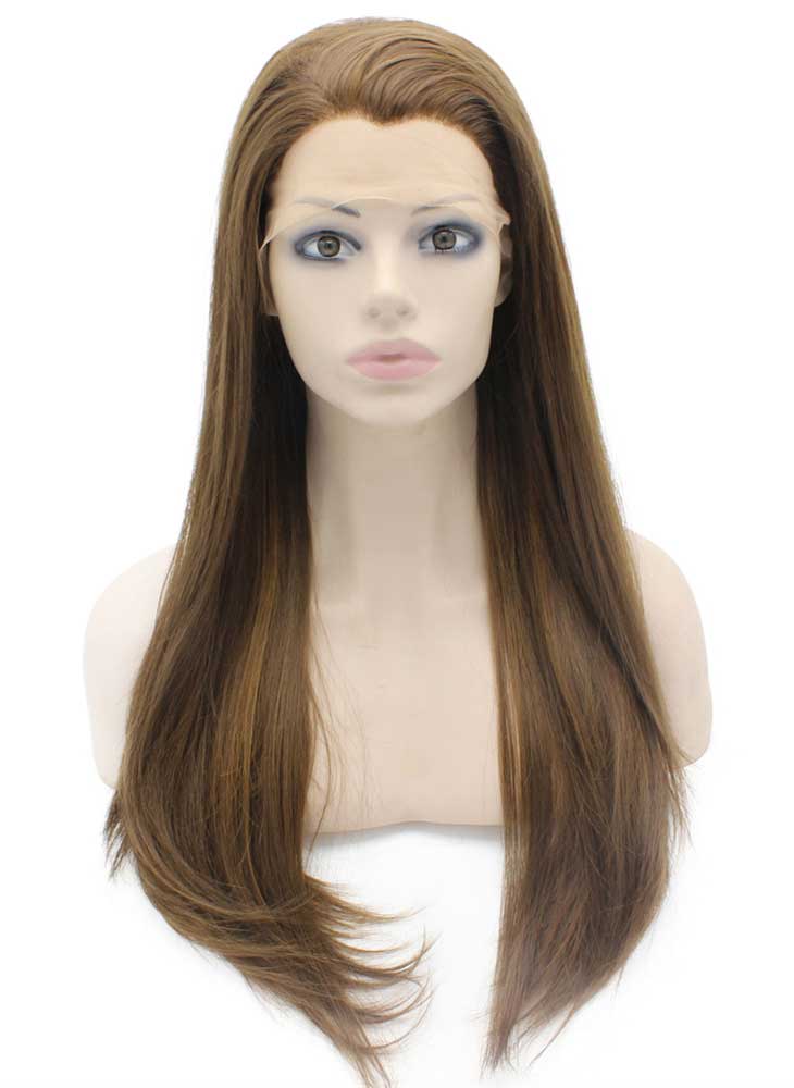 Long Straight Brown Hightlight Natural Hand Tied Lace Front Wig