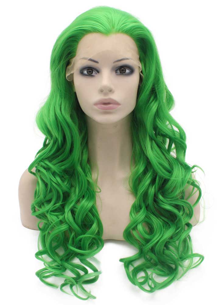 Long Wavy Hand Tied Synthetic Lace Front Green Cosplay Party Wig