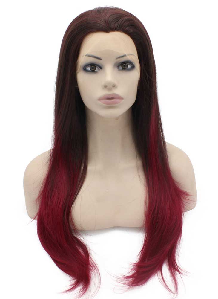 Long Straight Two Tone Ombre Brown Burgundy Red Natural Lace Front Wig