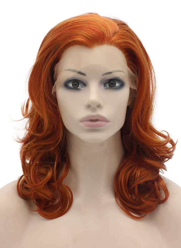 Medium Length Wavy Reddish Blonde Natural Lace Front Synthetic Wig