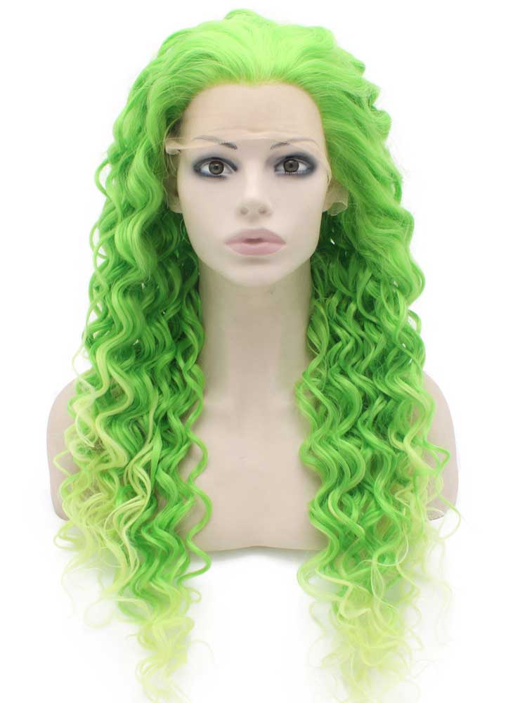 Long Curly Two Tone Green Synthetic Lace Front Cosplay Party Wig