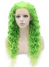 Long Curly Two Tone Green Synthetic Lace Front Cosplay Party Wig