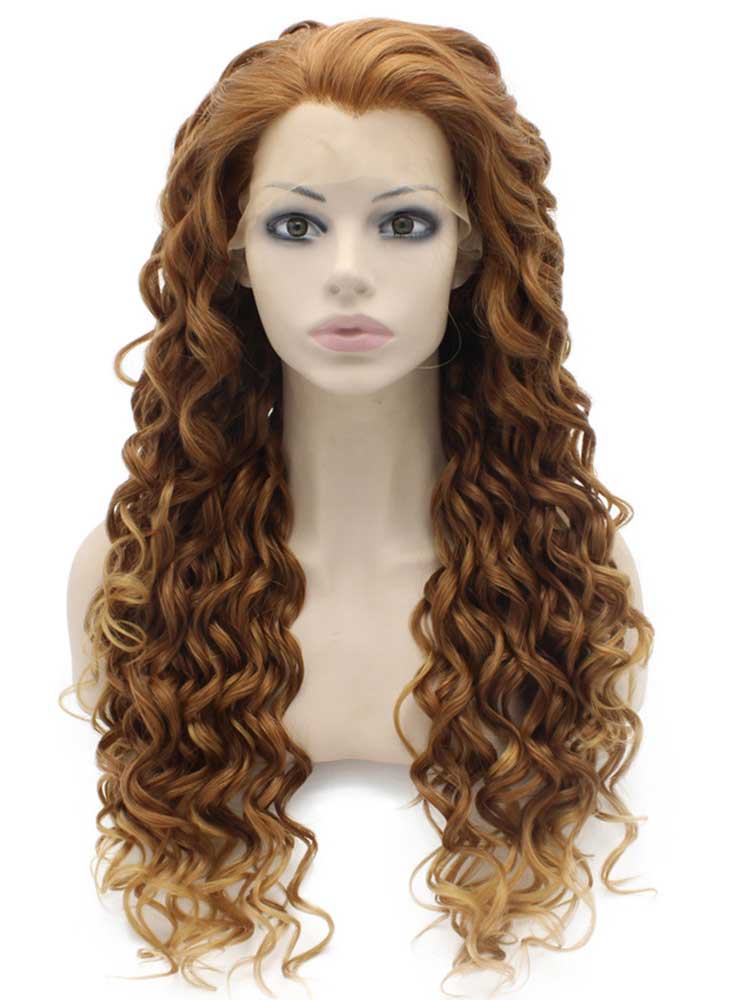 Long Curly Auburn Blonde Heat Safe Fiber Hair Lace Front Wig