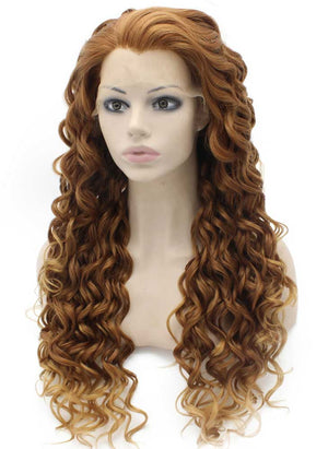 Long Curly Auburn Blonde Heat Safe Fiber Hair Lace Front Wig