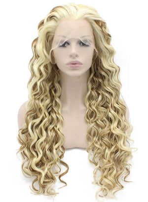 Long Curly Blond Mix Heat Friendly Fiber Hair Lace Front Wig