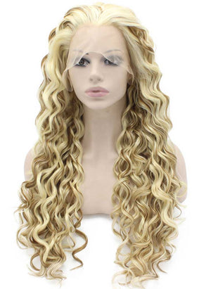 Long Curly Blond Mix Heat Friendly Fiber Hair Lace Front Wig