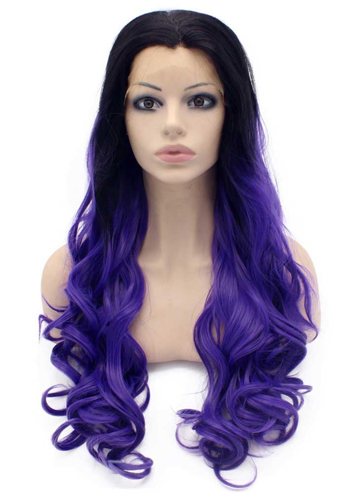 Long Wavy Black Violet Purple Two Tone Lace Front Ombre Wig