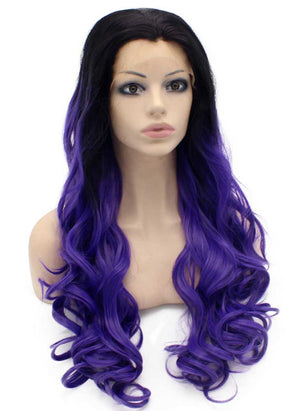 Long Wavy Black Violet Purple Two Tone Lace Front Ombre Wig