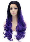 Long Wavy Black Violet Purple Two Tone Lace Front Ombre Wig