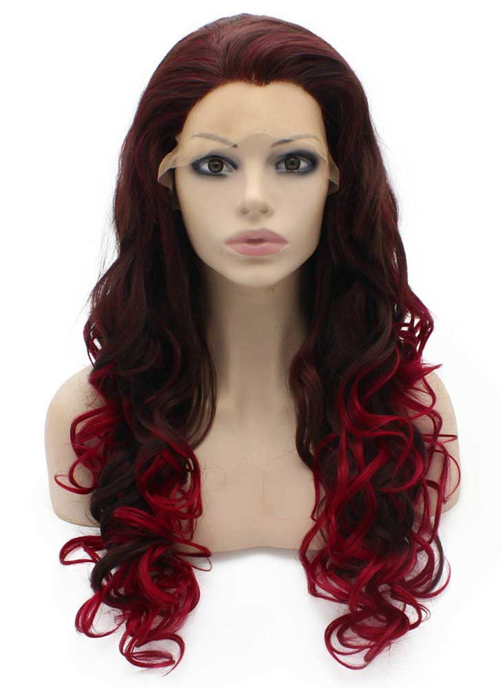 Long Wavy Two Tone Ombre Brown Burgundy Red Natural Lace Front Wig