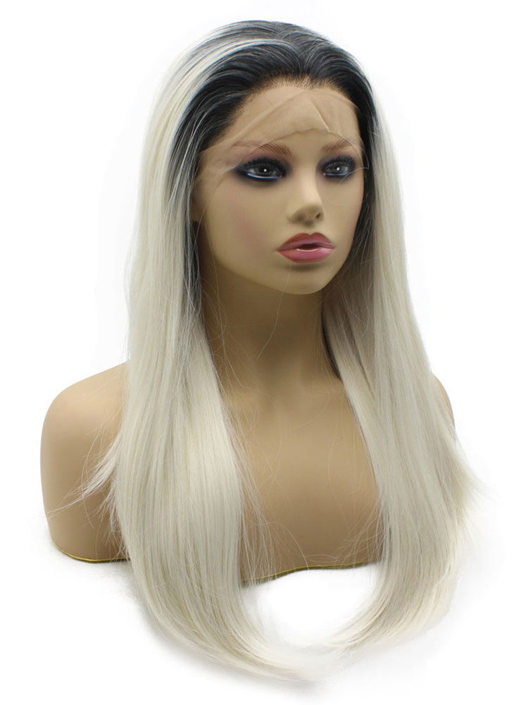 Long Straight Ombre Black White Two Tone Lace Front Wig