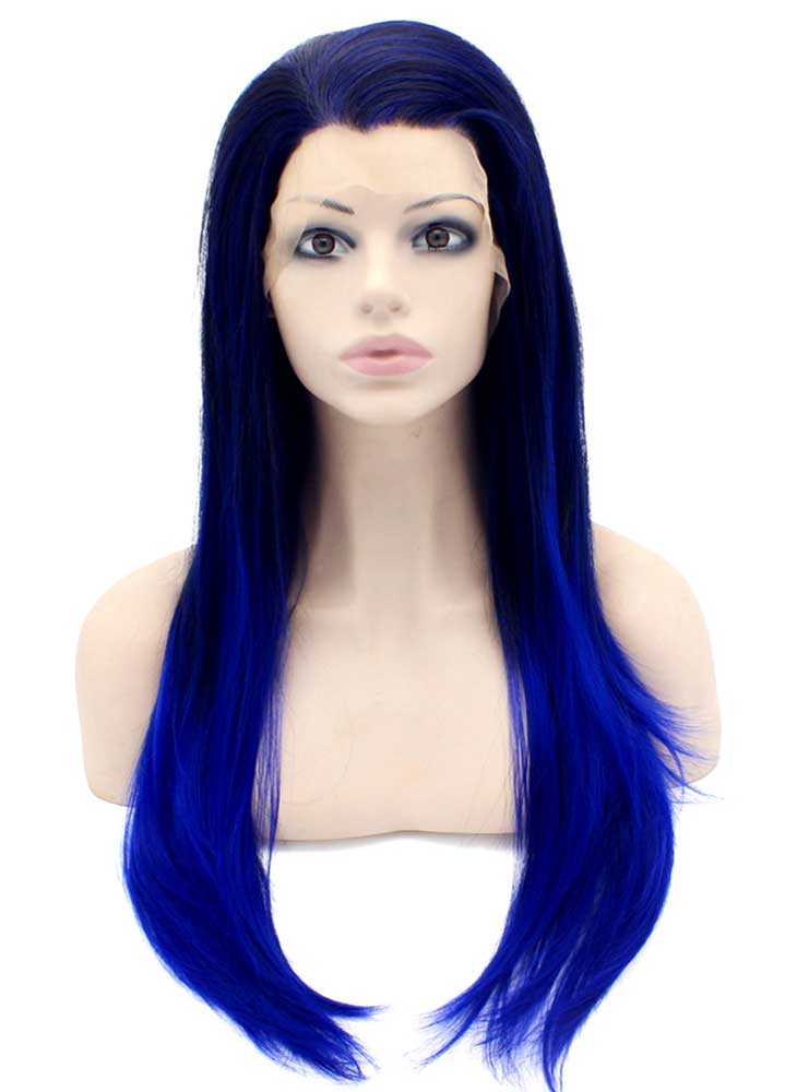 Long Straight Ombre Black Blue Two Tone Lace Front Wig