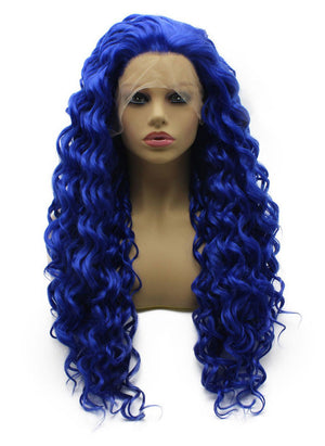 Long Curly Blue Synthetic Lace Front Costume Party Wig