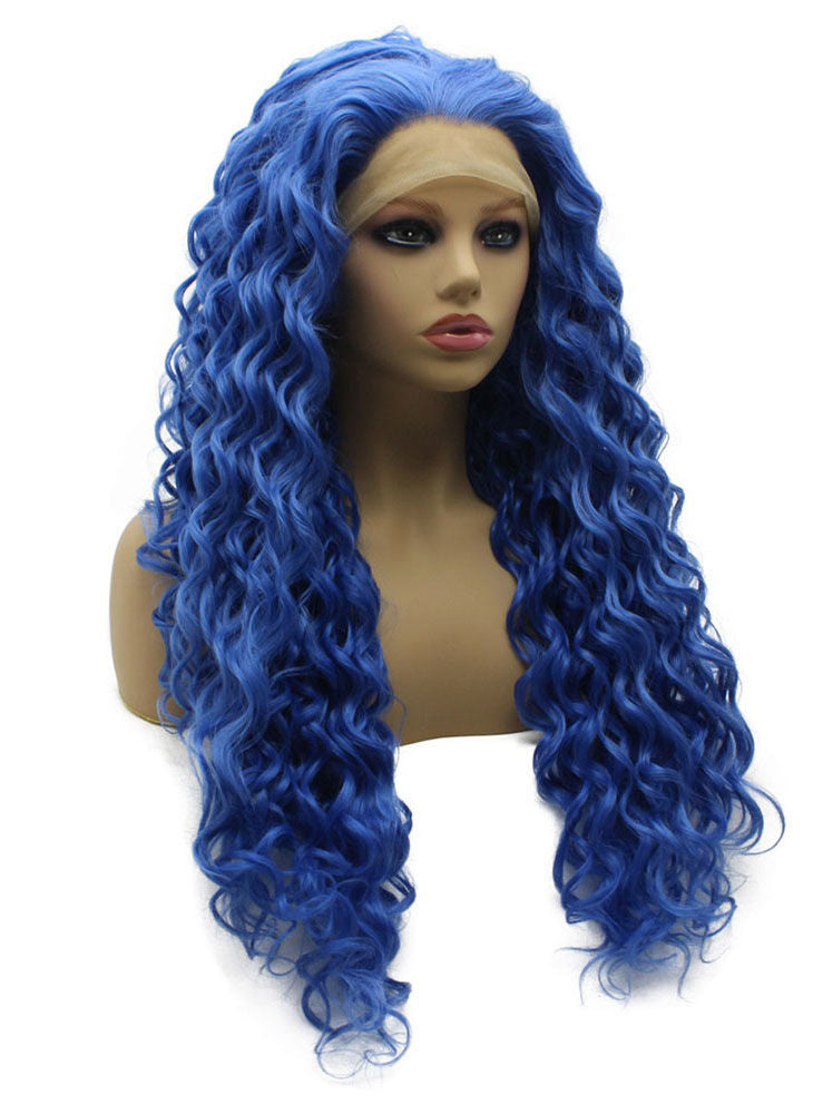 Long Curly Blue Synthetic Lace Front Cosplay Party Wig