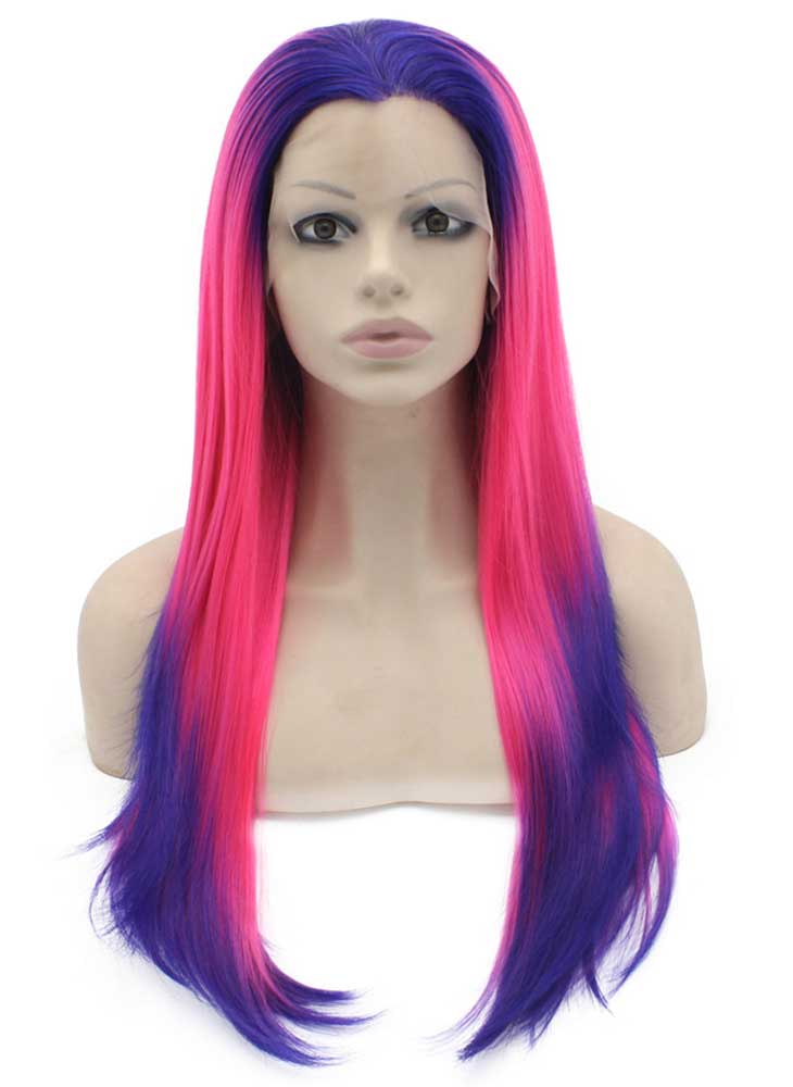 Long Straight Ombre Purple Pink Two Tone Lace Front Party Wig