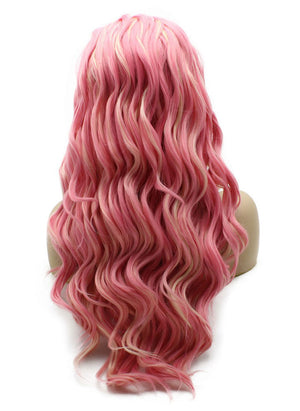 Long Wavy Blonde Pink Mix Hand Tied Lace Front Cosplay Party Wig