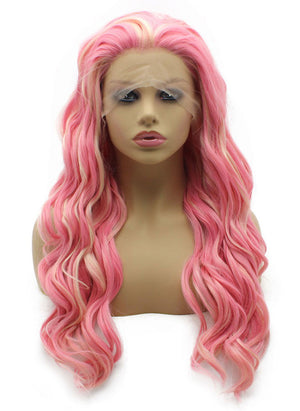 Long Wavy Blonde Pink Mix Hand Tied Lace Front Cosplay Party Wig