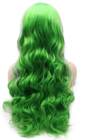 Green with Gray Strands Long Wavy Synthetic Lace Front Wig