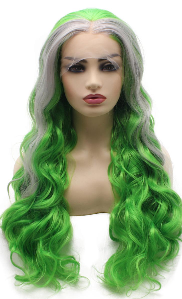 Green with Gray Strands Long Wavy Synthetic Lace Front Wig