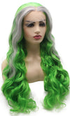 Green with Gray Strands Long Wavy Synthetic Lace Front Wig