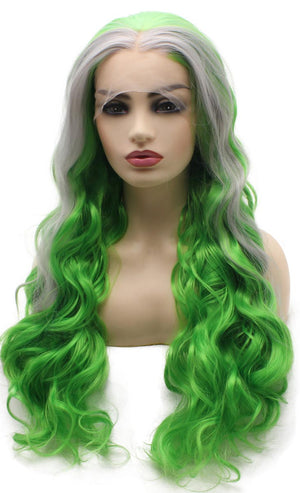 Green with Gray Strands Long Wavy Synthetic Lace Front Wig