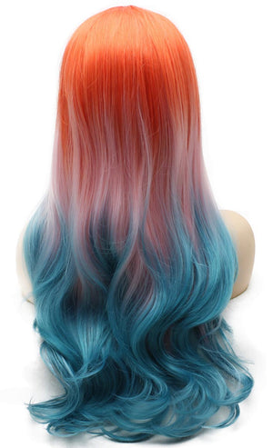 Mxangel Long Wavy Synthetic Lace Front Orange Pink Blue Mix Wig