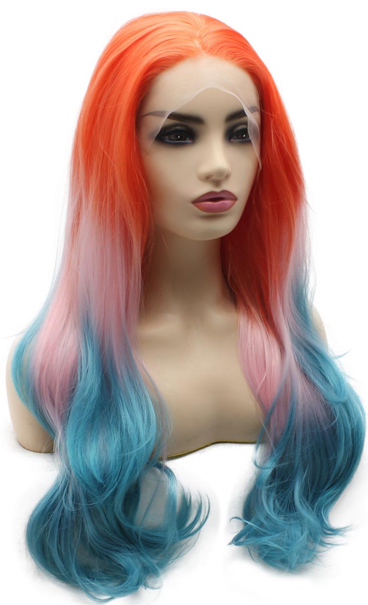 Mxangel Long Wavy Synthetic Lace Front Orange Pink Blue Mix Wig