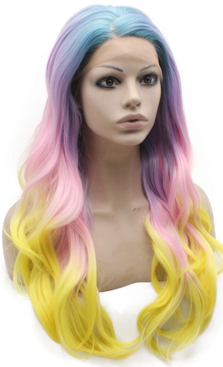 MXangel Long Wavy Synthetic Lace Front Blue Purple Yellow Mix Color Wig