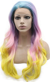 MXangel Long Wavy Synthetic Lace Front Blue Purple Yellow Mix Color Wig