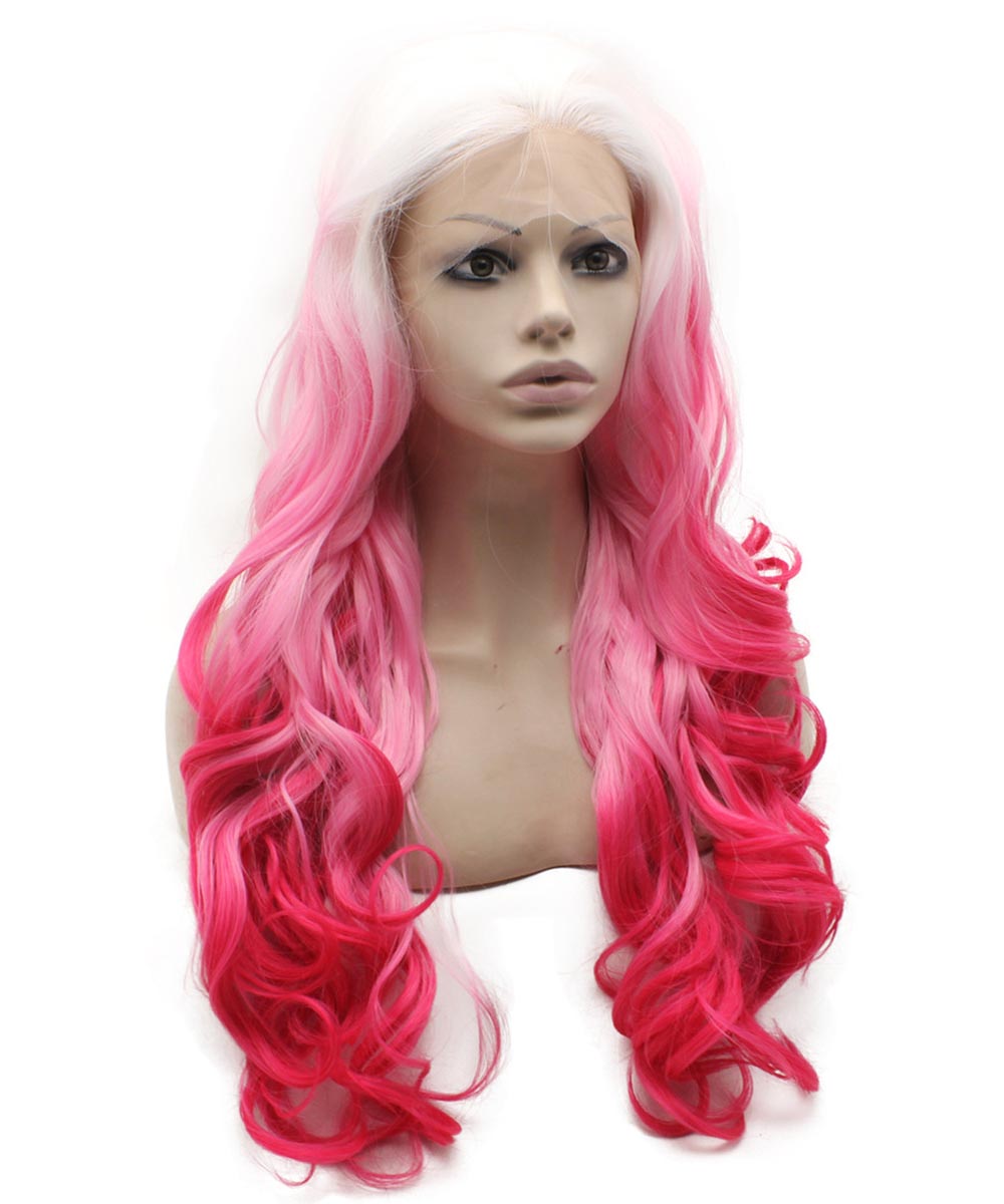 Long Wavy Synthetic Lace Front Two-Tone Pink Blonde Wig