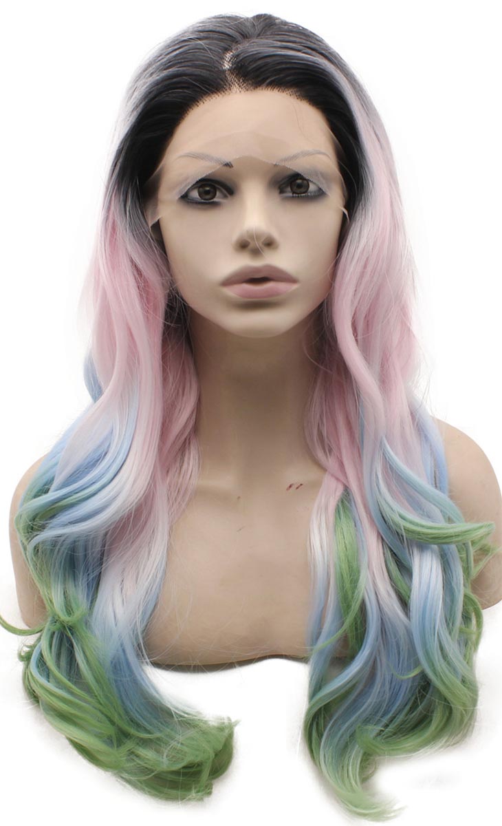 Mxangel Long Wavy Synthetic Lace Front Dark Root Pink Green Blue Mix Wig