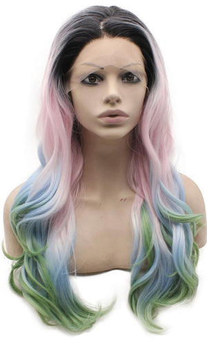 Mxangel Long Wavy Synthetic Lace Front Dark Root Pink Green Blue Mix Wig