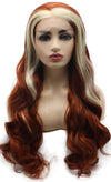 Burgundy with Blonde Strands Long Wavy Synthetic Lace Front Wig