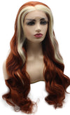 Burgundy with Blonde Strands Long Wavy Synthetic Lace Front Wig