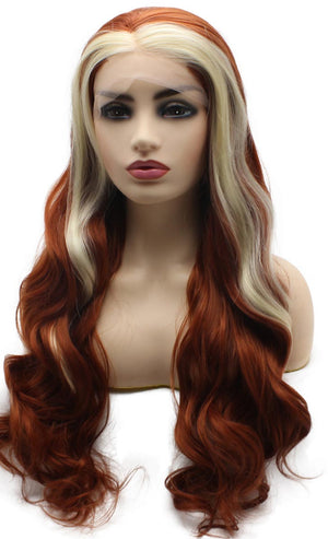 Burgundy with Blonde Strands Long Wavy Synthetic Lace Front Wig