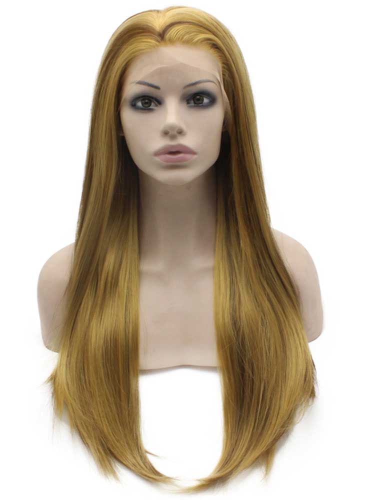 Long Straight Blonde Brown Mix Natural Lace Front Synthetic Hair Wig