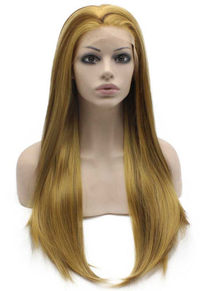 Long Straight Blonde Brown Mix Natural Lace Front Synthetic Hair Wig