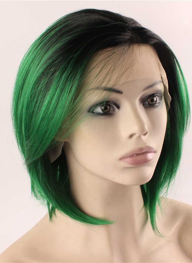 Black Green Ombre Short swiss Lace Front Bob Wig Synthetic-bob wig