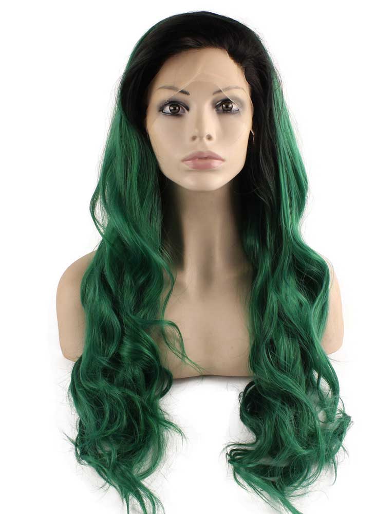 Long Wavy Black Green Two Tone Lace Front Ombre Wig